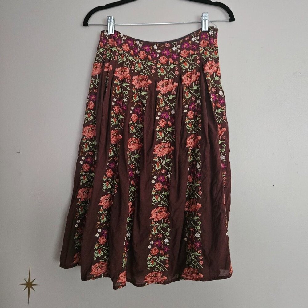 Vtg Femme Embroidered Midi Size 4 Brown Floral Folk Boho Cottage